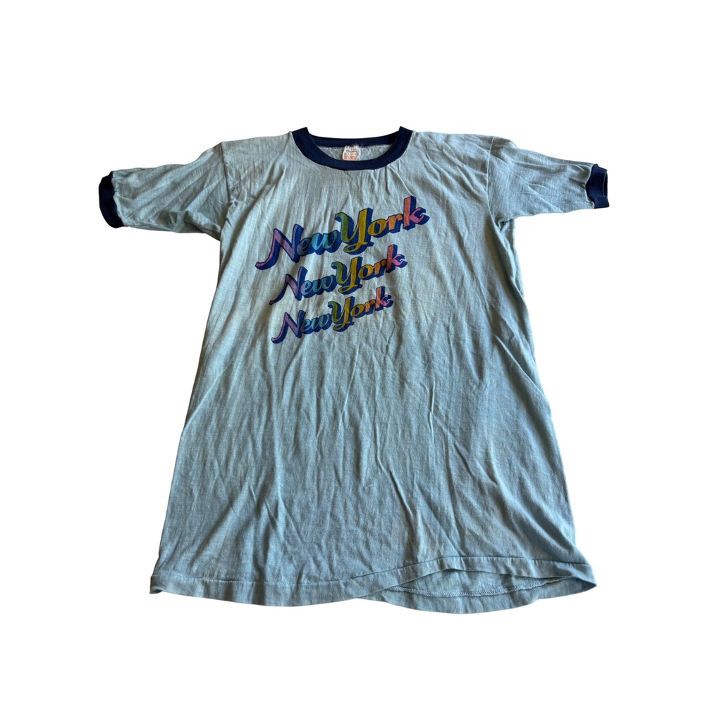 Vintage 80s New York Ringer T Shirt Small Light Blue Graphic Tee NYC Souvenir
